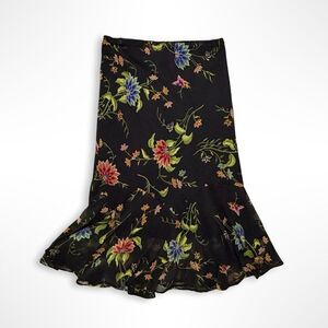 Zero Zero, Flowy Black Floral Trumpet Ruffle Midi Skirt, S 90s Boho Whimsigoth